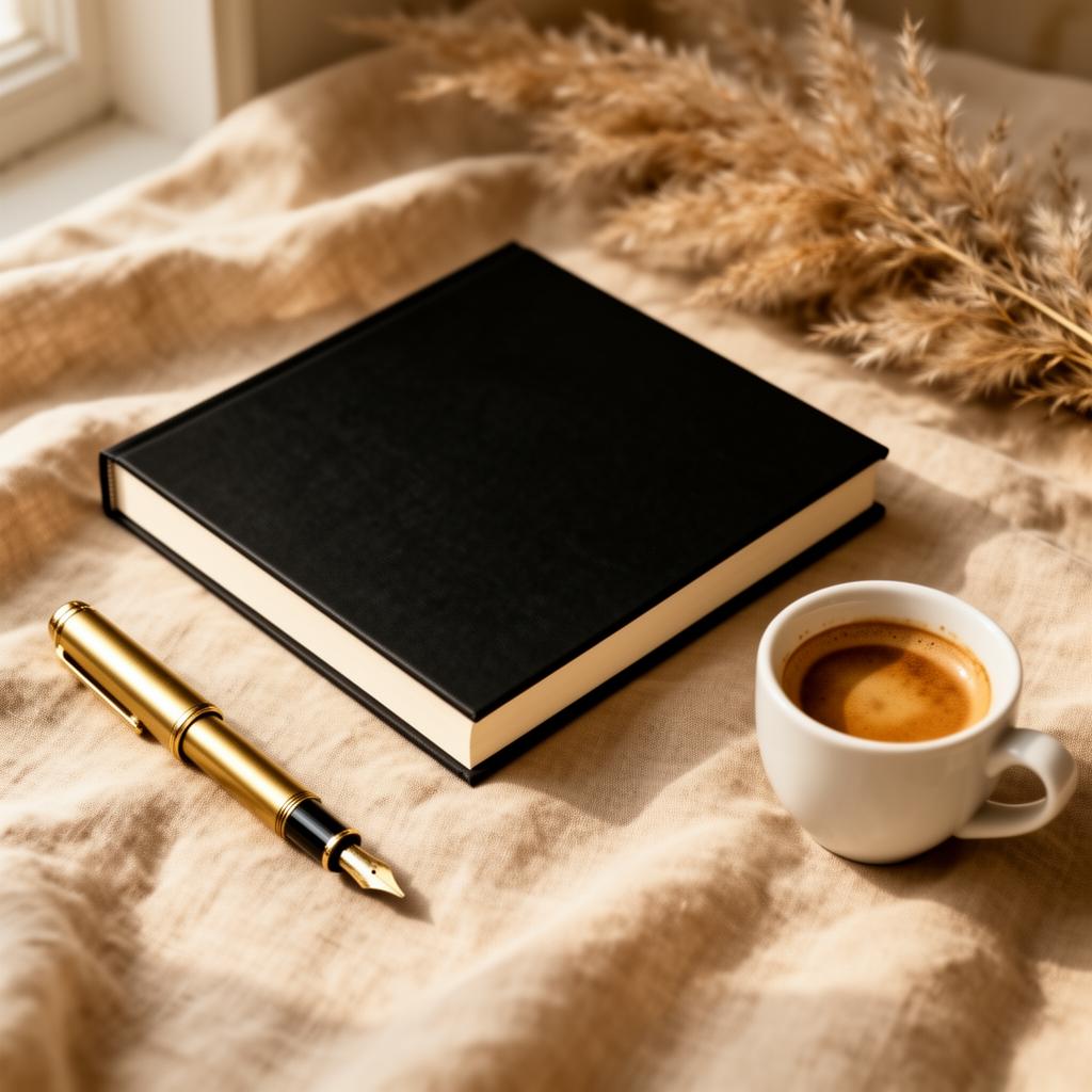 A hardcover book, fountain pen and coffee on soft linen — luxury publishing